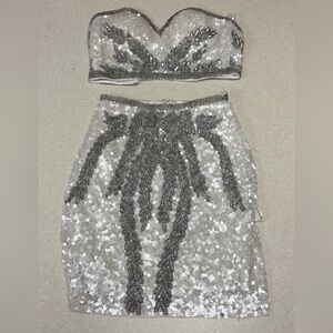 Primavera Couture 2 Piece Set Sequin Cocktail Mini Skirt Top Silver White Size 0